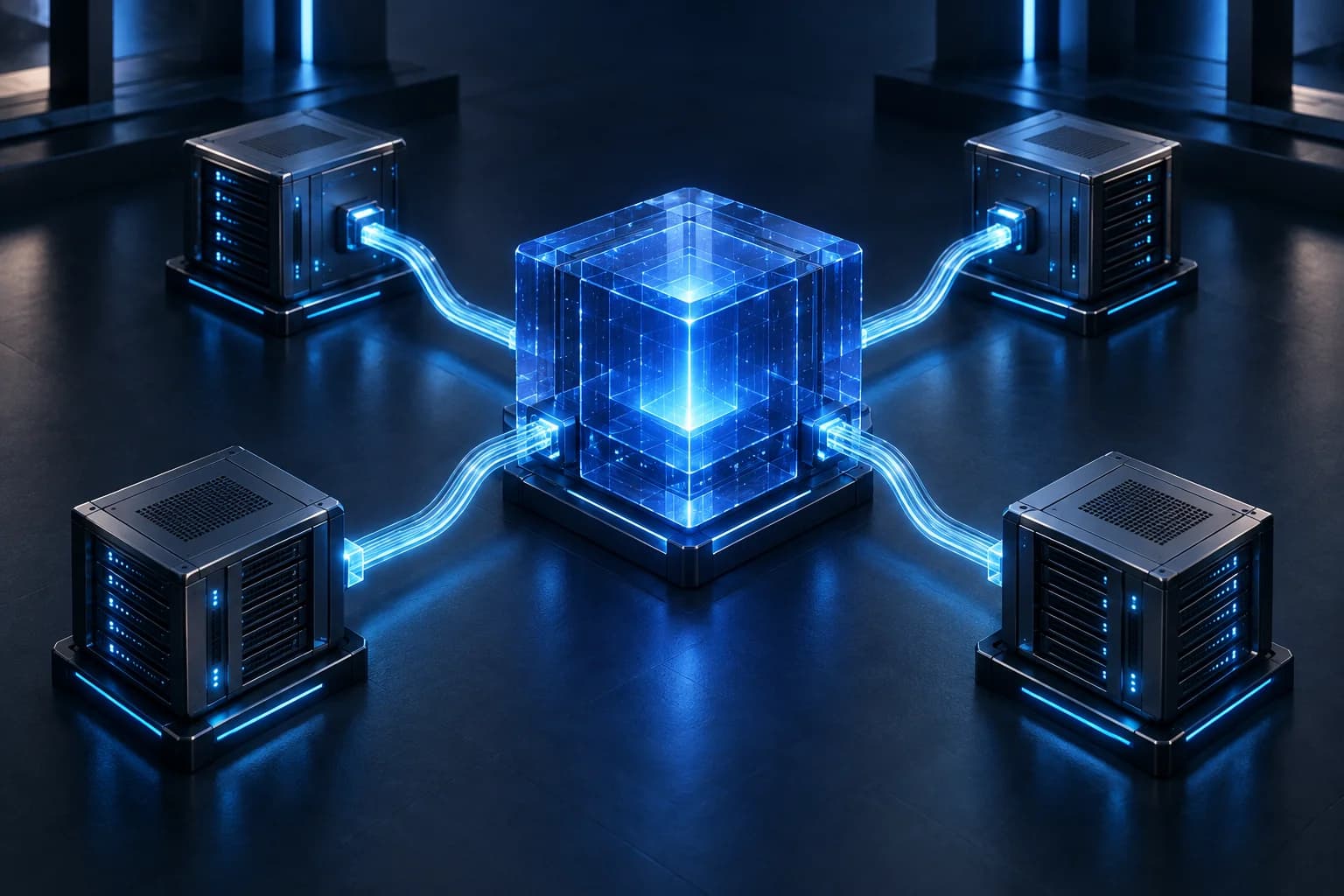 Visual conceptual de infraestructura conectada: un núcleo azul enlaza cuatro módulos de red