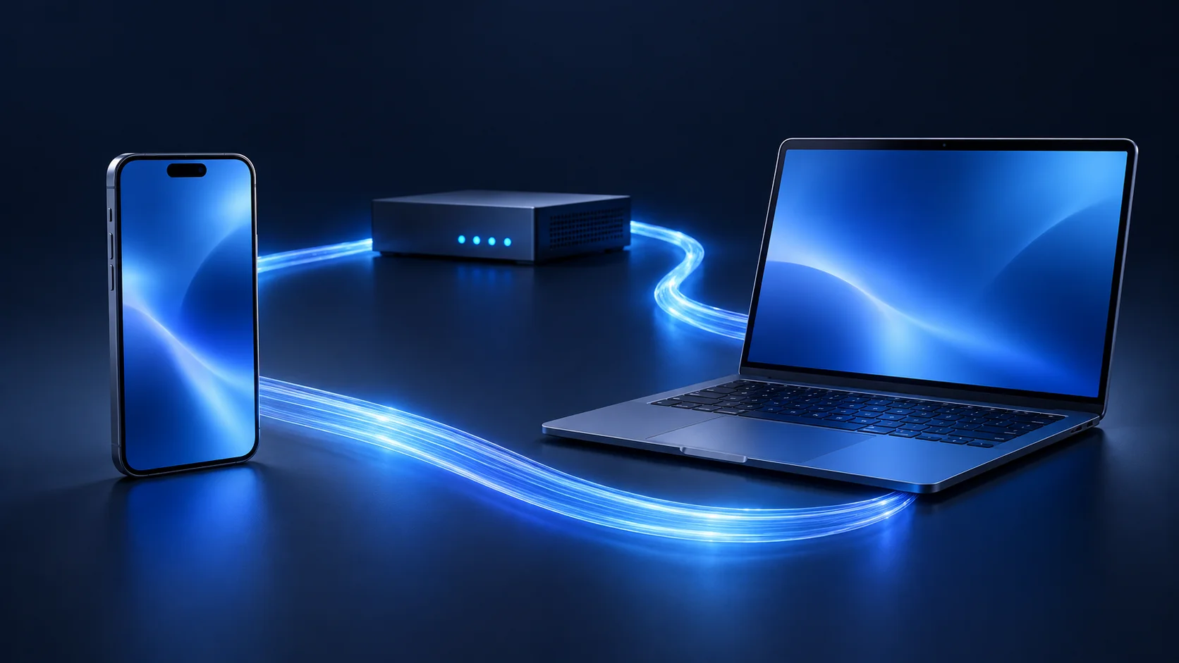Ilustración 3D del trabajo conectado: teléfono, computadora y equipo de red unidos por un recorrido de luz azul